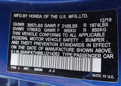 2020 Honda Civic Ex-L from USA, damaged, VIN SHHFK7H88LU214262